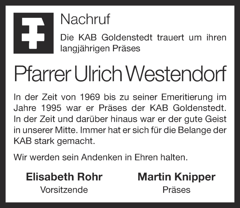 Traueranzeige für Ulrich Westendorf vom 29.04.2015 aus OM-Medien
