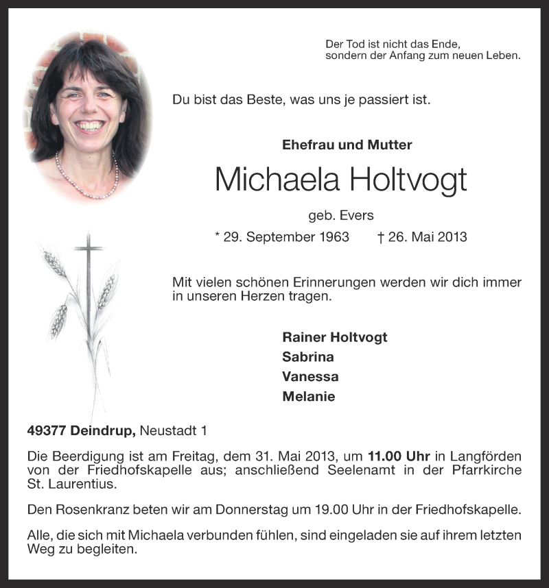  Traueranzeige für Michaela Holtvogt vom 28.05.2013 aus OM-Medien