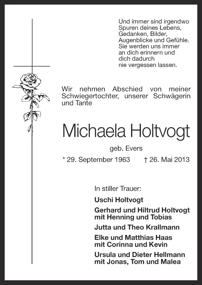  Traueranzeige für Michaela Holtvogt vom 29.05.2013 aus OM-Medien