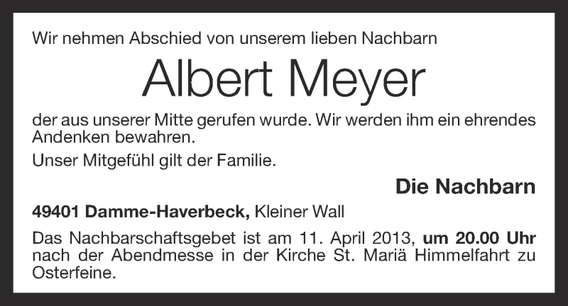  Traueranzeige für Albert Meyer vom 11.04.2013 aus OM-Medien