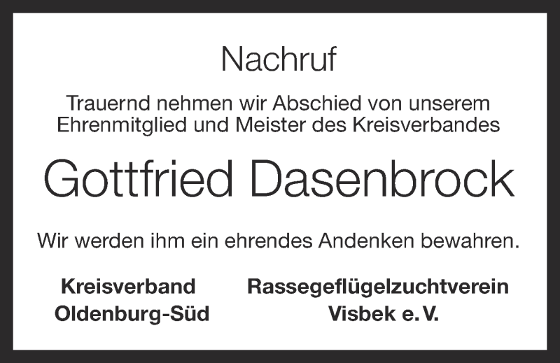  Traueranzeige für Gottfried Dasenbrock vom 11.03.2014 aus OM-Medien