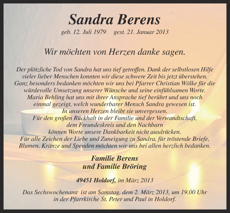 Traueranzeige für Sandra Berens vom 01.03.2013 aus OM-Medien