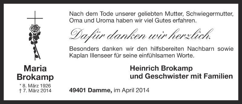  Traueranzeige für Maria Brokamp vom 19.04.2014 aus OM-Medien
