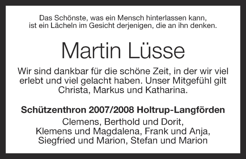  Traueranzeige für Martin Lüsse vom 25.02.2013 aus OM-Medien