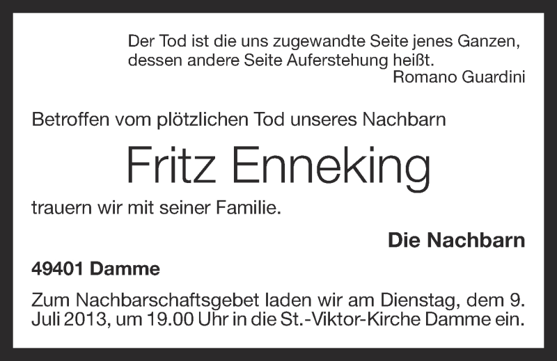  Traueranzeige für Fritz Enneking vom 09.07.2013 aus OM-Medien