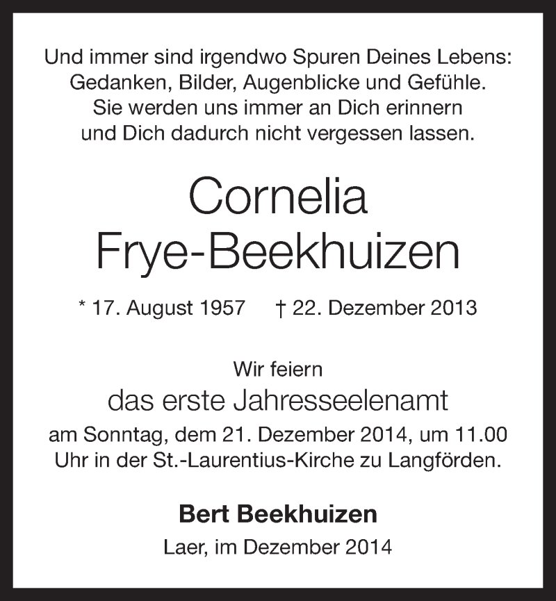  Traueranzeige für Cornelia Frye-Beekhuizen vom 13.12.2014 aus OM-Medien