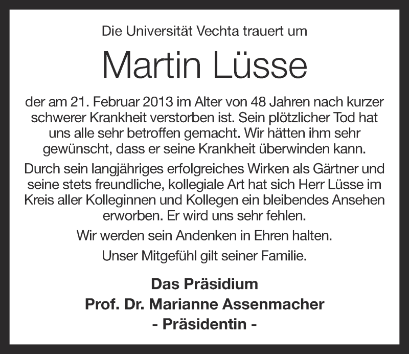  Traueranzeige für Martin Lüsse vom 26.02.2013 aus OM-Medien
