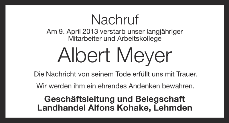  Traueranzeige für Albert Meyer vom 12.04.2013 aus OM-Medien