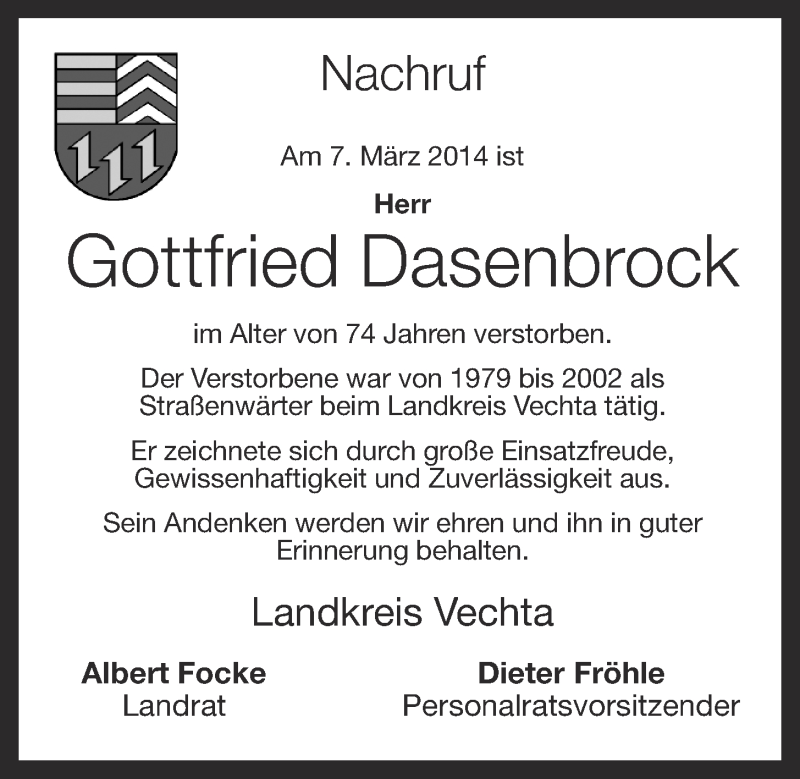  Traueranzeige für Gottfried Dasenbrock vom 11.03.2014 aus OM-Medien