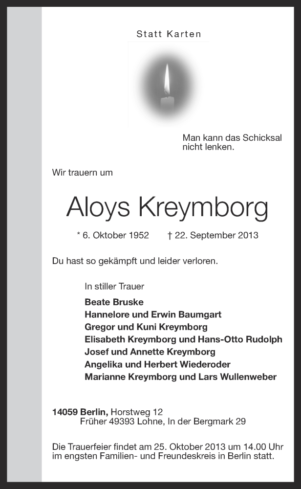  Traueranzeige für Aloys Kreymborg vom 09.10.2013 aus OM-Medien