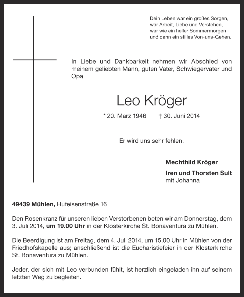  Traueranzeige für Leo Kröger vom 01.07.2014 aus OM-Medien