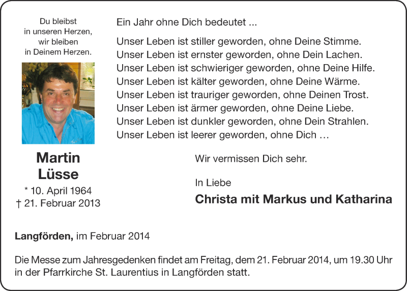  Traueranzeige für Martin Lüsse vom 21.02.2014 aus OM-Medien