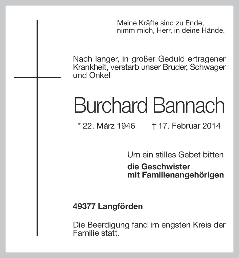  Traueranzeige für Burchard Bannach vom 22.02.2014 aus OM-Medien