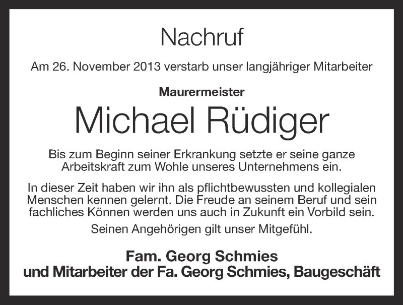  Traueranzeige für Michael Rüdiger vom 30.11.2013 aus OM-Medien