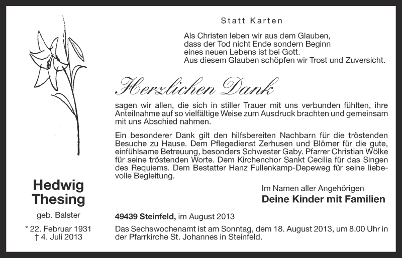  Traueranzeige für Hedwig Thesing vom 15.08.2013 aus OM-Medien