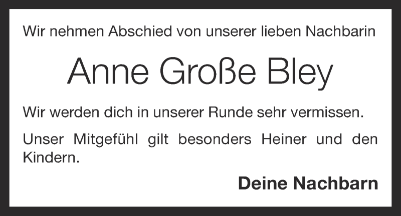  Traueranzeige für Anne Große Bley  vom 02.12.2014 aus OM-Medien