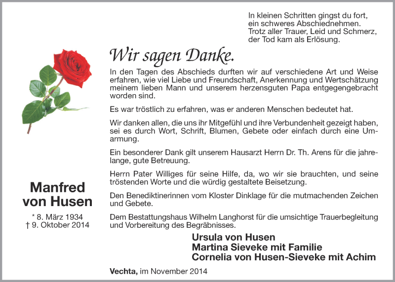  Traueranzeige für Manfred von Husen vom 01.11.2014 aus OM-Medien