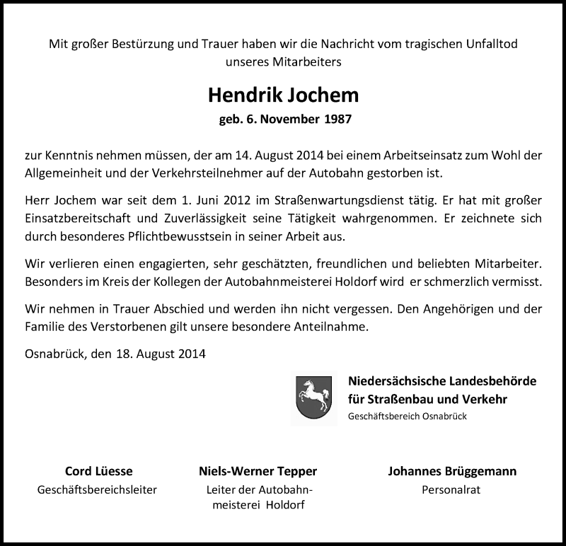  Traueranzeige für Hendrik Jochem vom 18.08.2014 aus OM-Medien