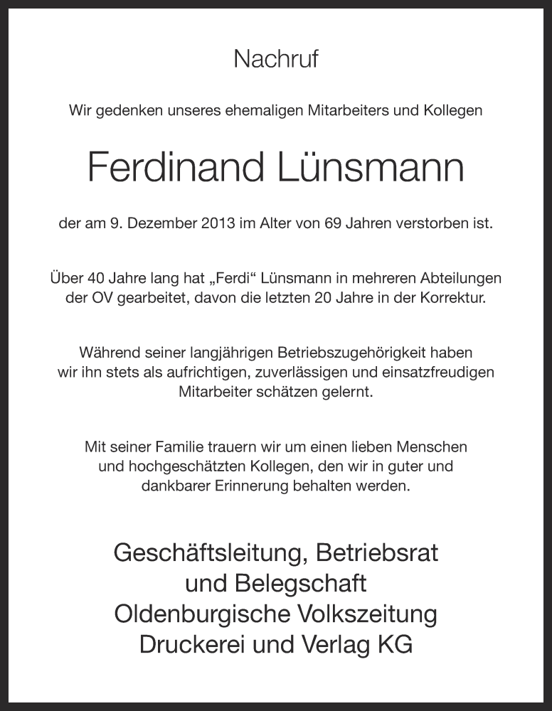  Traueranzeige für Ferdinand Lünsmann vom 16.12.2013 aus OM-Medien