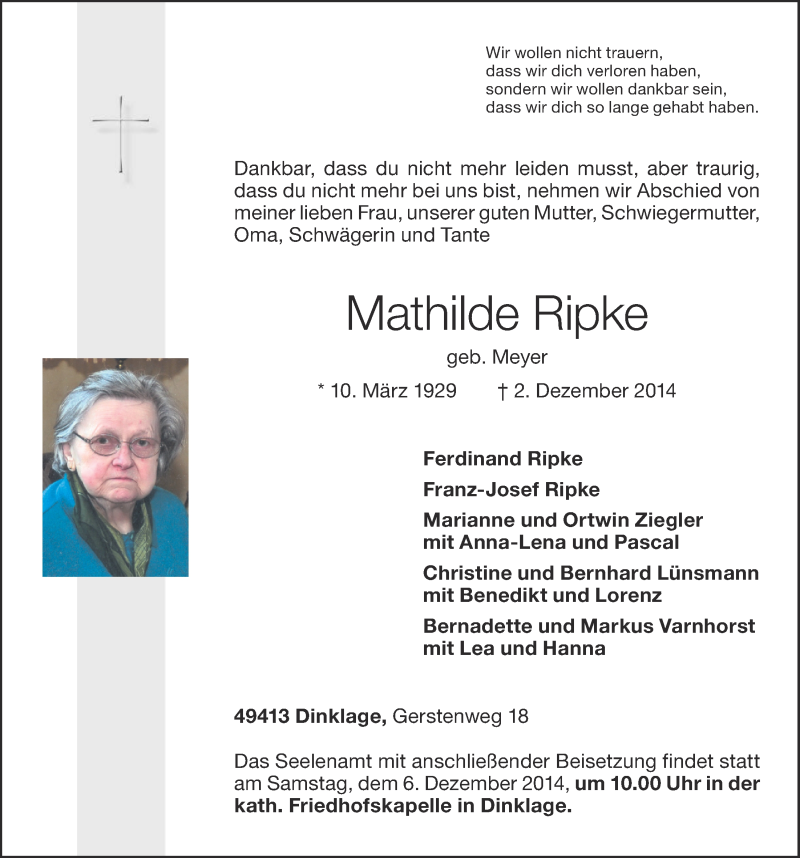  Traueranzeige für Mathilde Ripke vom 05.12.2014 aus OM-Medien