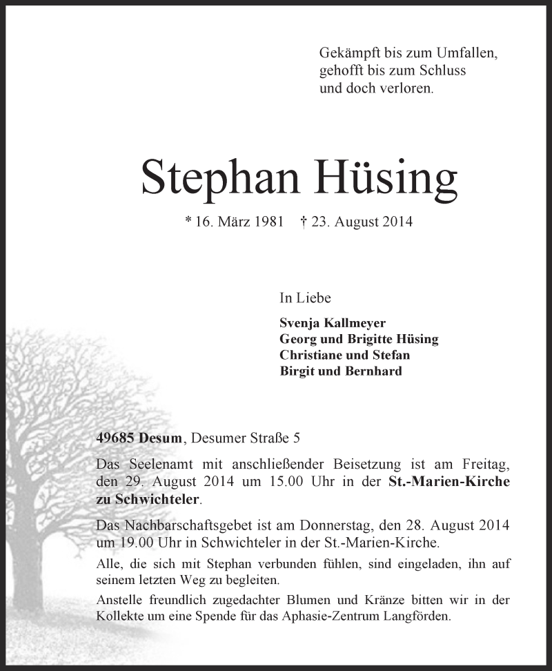  Traueranzeige für Stephan Hüsing vom 26.08.2014 aus OM-Medien