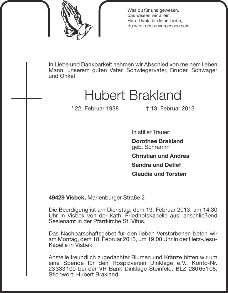  Traueranzeige für Hubert Brakland vom 15.02.2013 aus OM-Medien