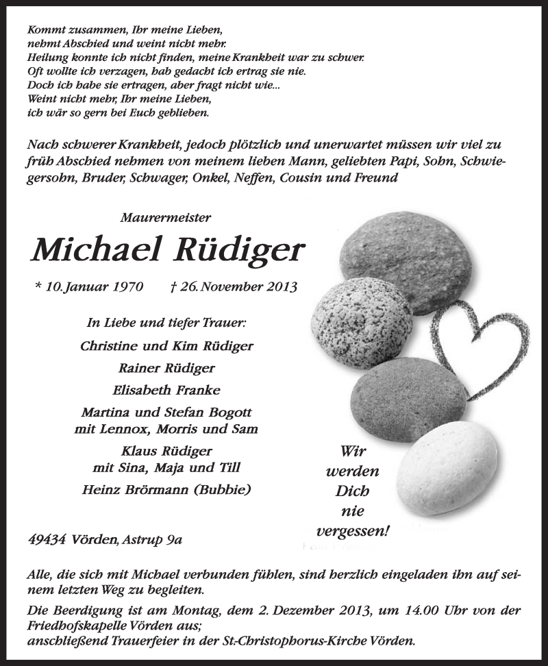  Traueranzeige für Michael Rüdiger vom 29.11.2013 aus OM-Medien
