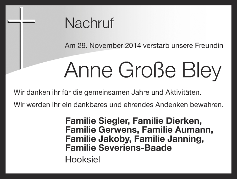  Traueranzeige für Anne Große Bley  vom 02.12.2014 aus OM-Medien