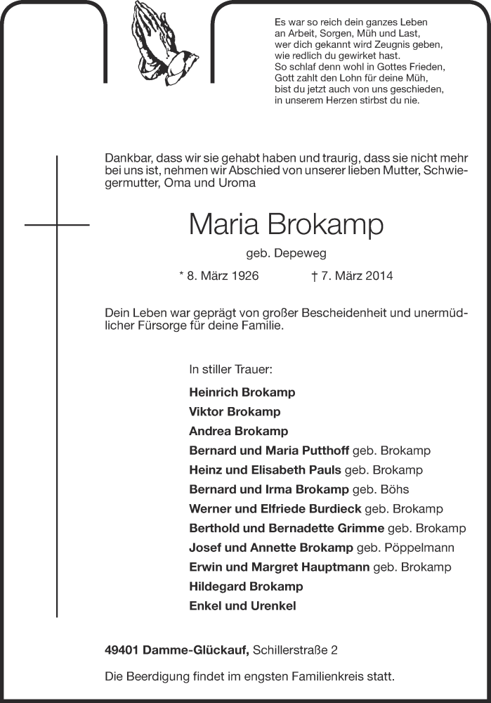  Traueranzeige für Maria Brokamp vom 08.03.2014 aus OM-Medien