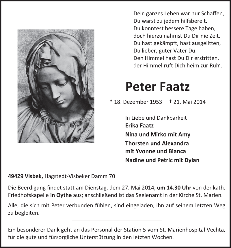  Traueranzeige für Peter Faatz vom 23.05.2014 aus OM-Medien