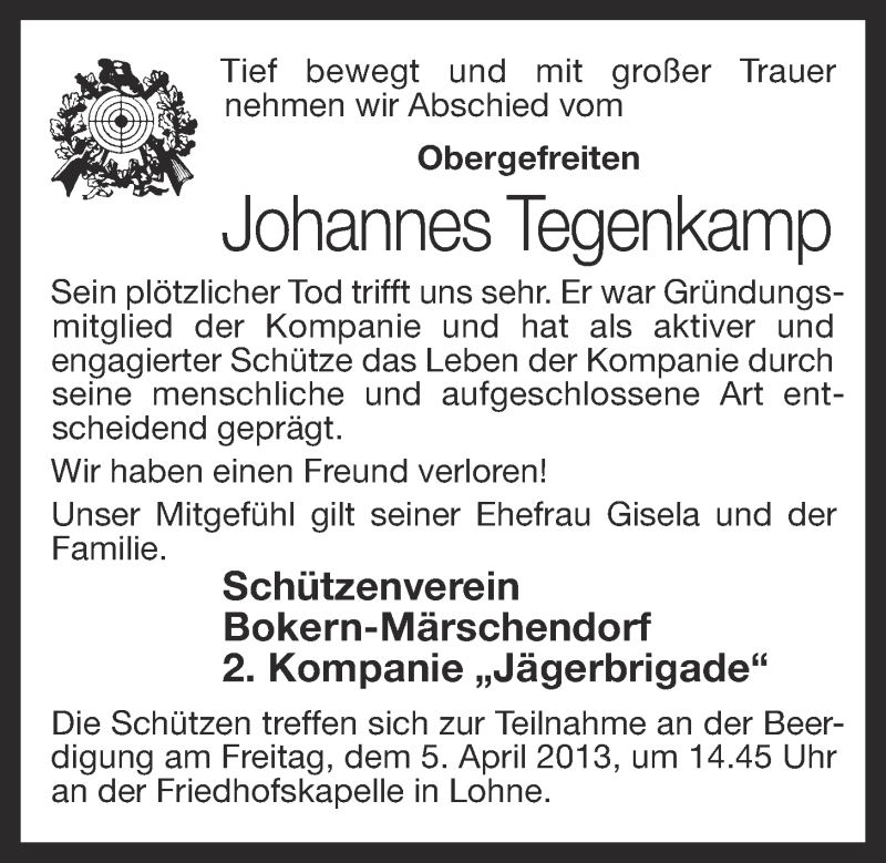  Traueranzeige für Johannes Tegenkamp vom 04.04.2013 aus OM-Medien