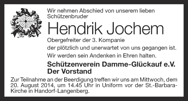  Traueranzeige für Hendrik Jochem vom 19.08.2014 aus OM-Medien