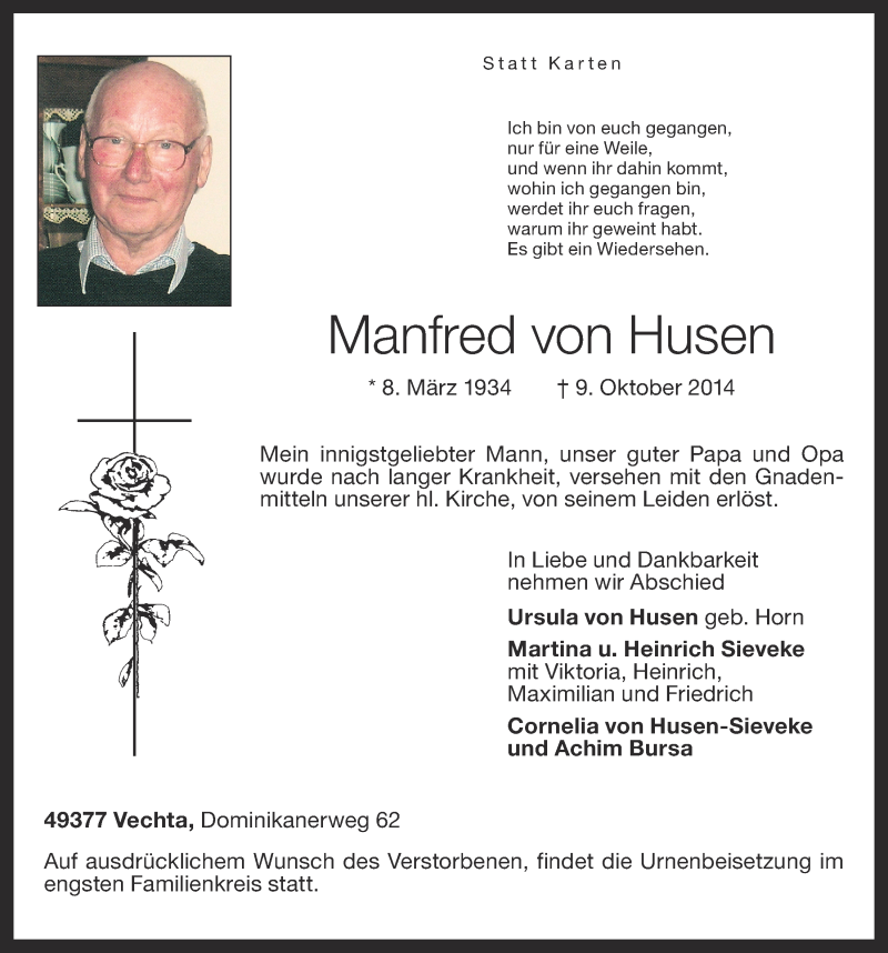  Traueranzeige für Manfred von Husen vom 11.10.2014 aus OM-Medien