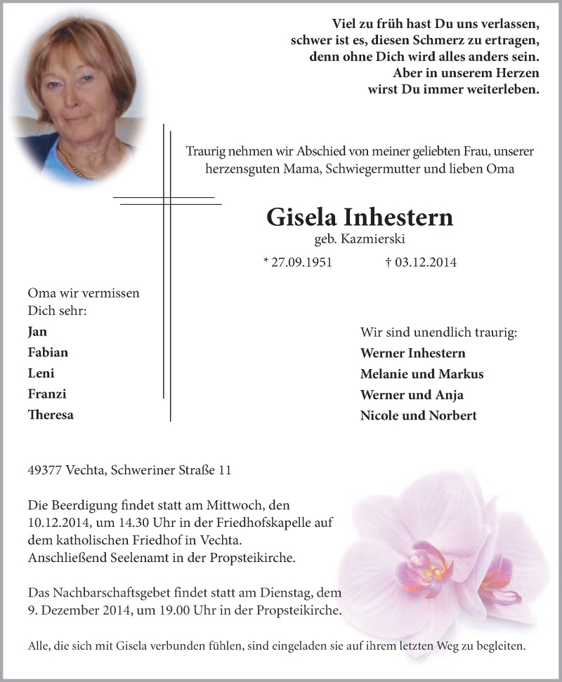  Traueranzeige für Gisela Inhestern vom 05.12.2014 aus OM-Medien
