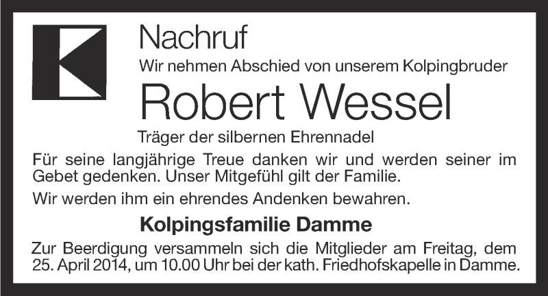 Traueranzeige für Robert Wessel vom 23.04.2014 aus OM-Medien
