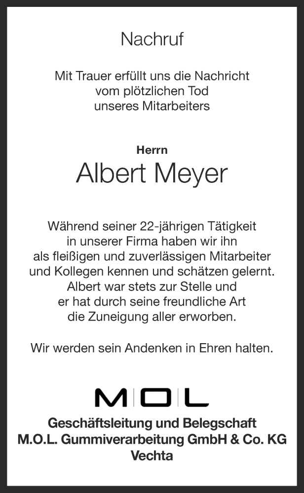  Traueranzeige für Albert Meyer vom 08.05.2013 aus OM-Medien