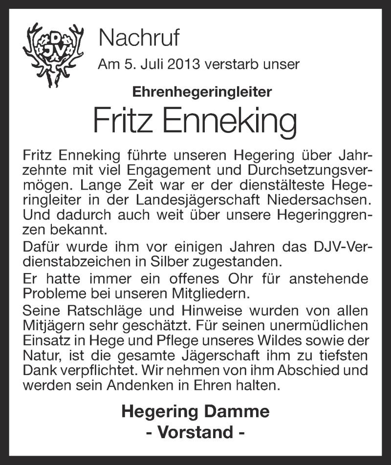  Traueranzeige für Fritz Enneking vom 09.07.2013 aus OM-Medien