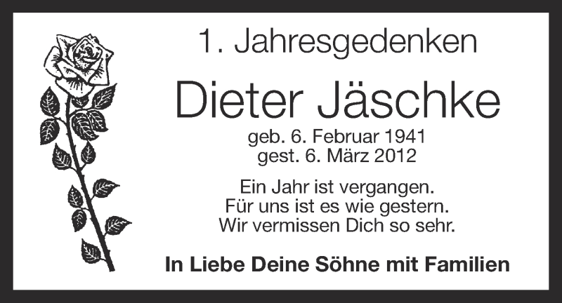  Traueranzeige für Dieter Jäschke vom 06.03.2013 aus OM-Medien