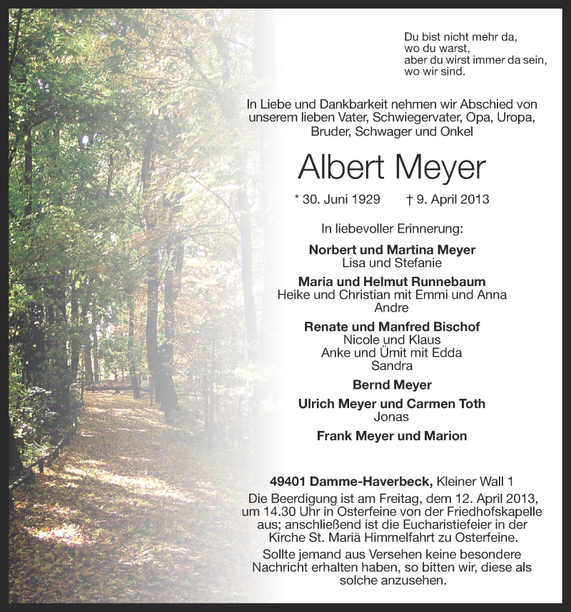  Traueranzeige für Albert Meyer vom 10.04.2013 aus OM-Medien