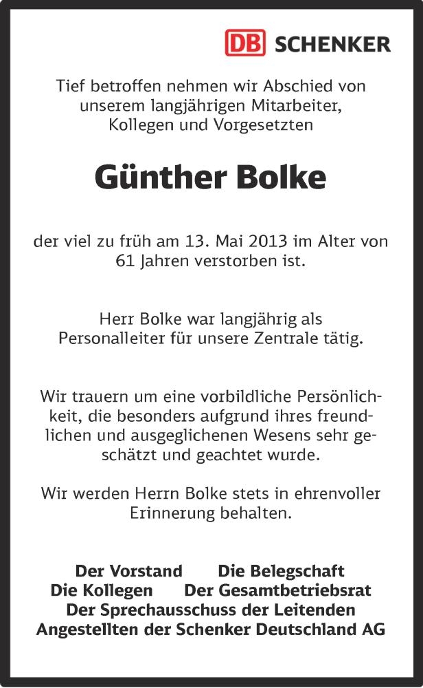  Traueranzeige für Günther Bolke vom 24.05.2013 aus OM-Medien