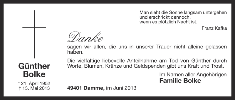  Traueranzeige für Günther Bolke vom 29.06.2013 aus OM-Medien