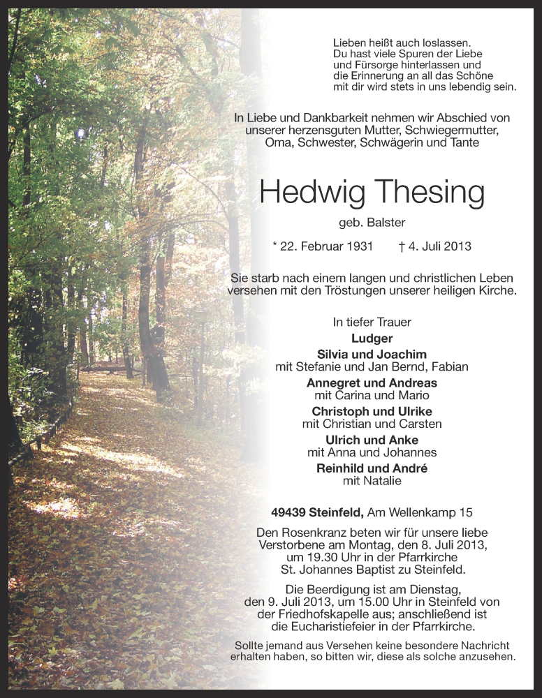  Traueranzeige für Hedwig Thesing vom 06.07.2013 aus OM-Medien