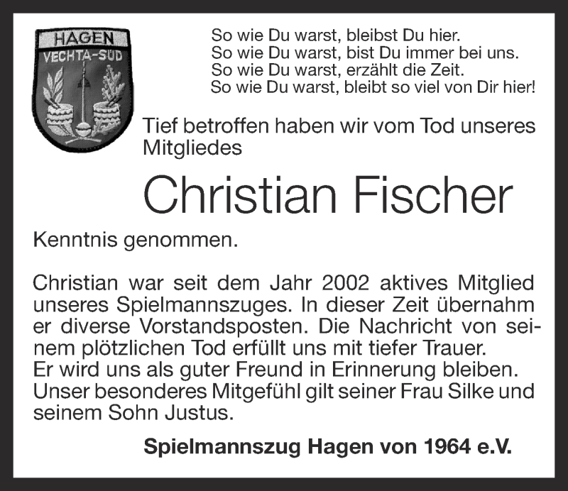  Traueranzeige für Christian Fischer vom 25.01.2014 aus OM-Medien