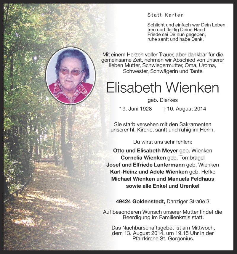  Traueranzeige für Elisabeth Wienken vom 12.08.2014 aus OM-Medien