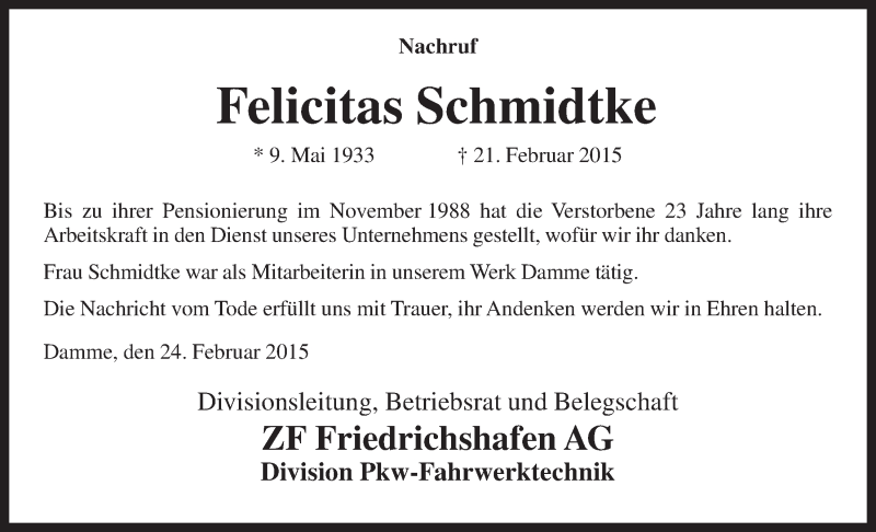  Traueranzeige für Wilhelm  und Felicitas Schmidtke vom 25.02.2015 aus OM-Medien