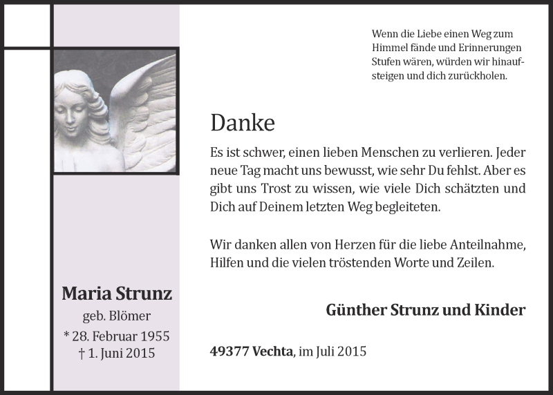  Traueranzeige für Maria Strunz vom 18.07.2015 aus OM-Medien
