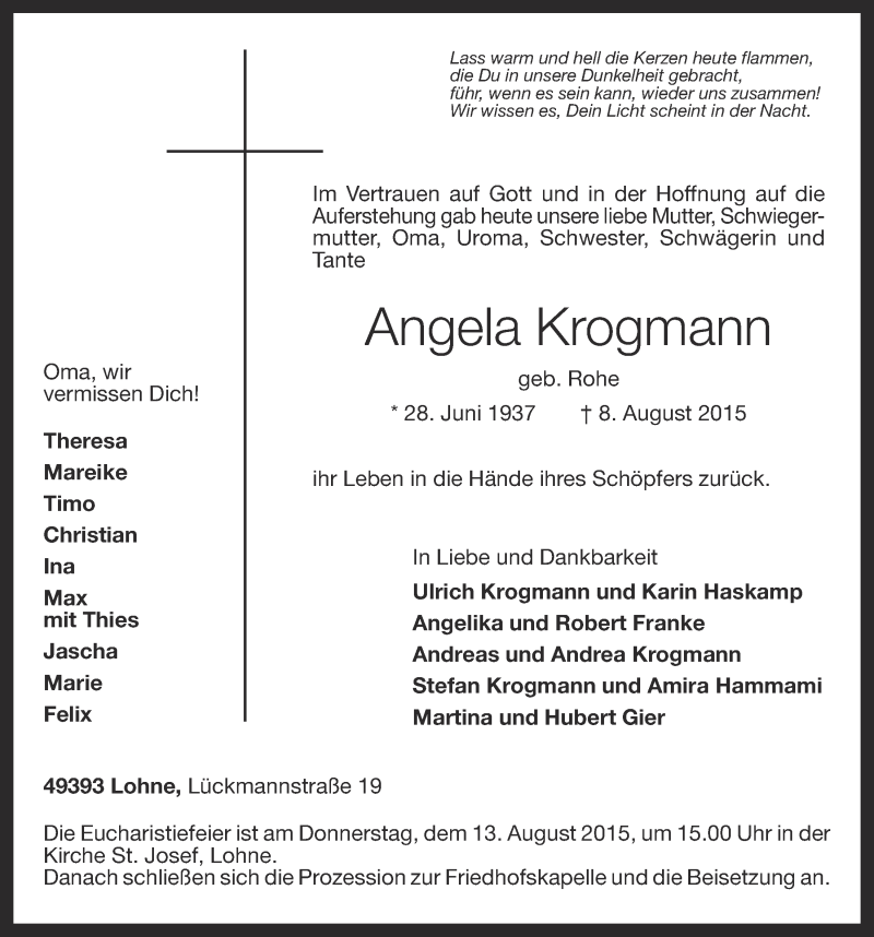  Traueranzeige für Angela Krogmann vom 10.08.2015 aus OM-Medien
