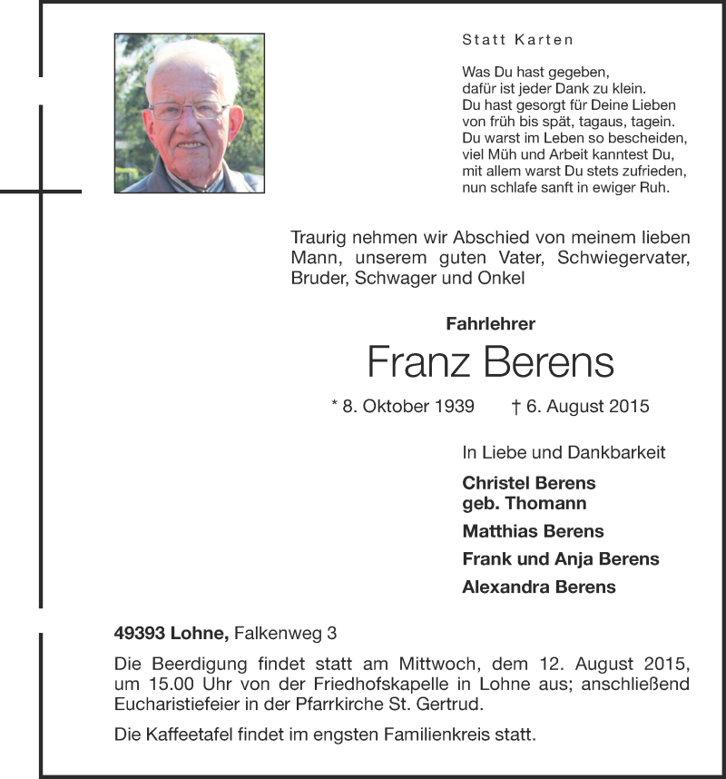  Traueranzeige für Franz Berens vom 08.08.2015 aus OM-Medien