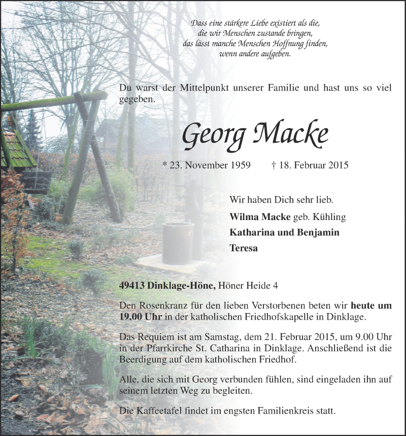  Traueranzeige für Georg Macke vom 20.02.2015 aus OM-Medien