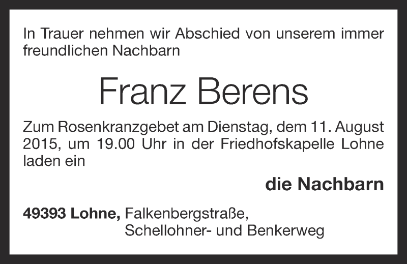  Traueranzeige für Franz Berens vom 10.08.2015 aus OM-Medien